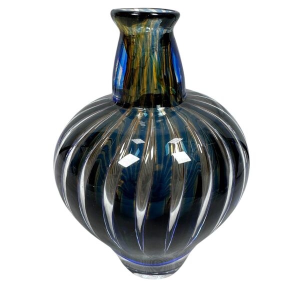 Vintage Orrefors Ariel Vase Edvin Ohrström Blue Amber Swirl Stripe Art Glass MCM - Picture 4 of 11